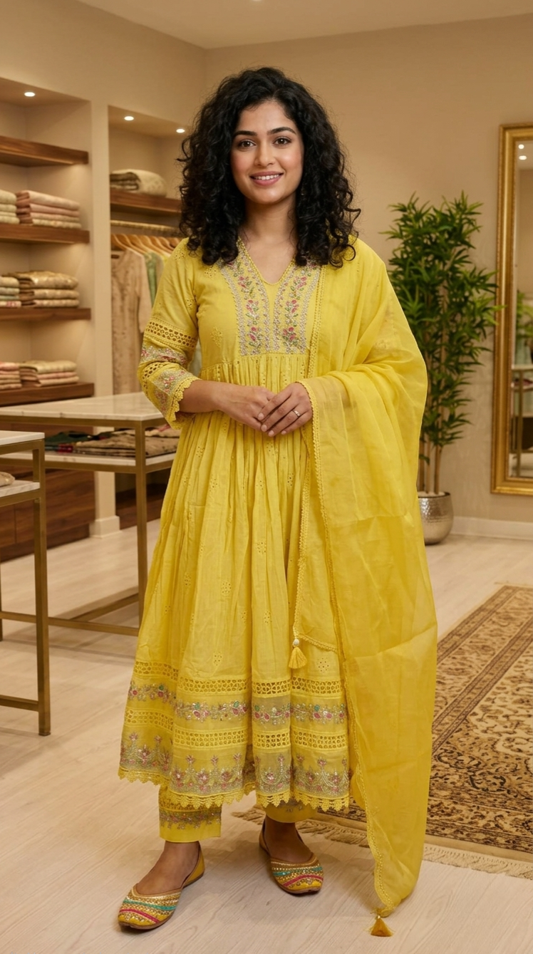Soft cotton, Flared three piece anarkali suit