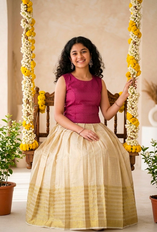 Elegant brocade Onam crop top and skirt