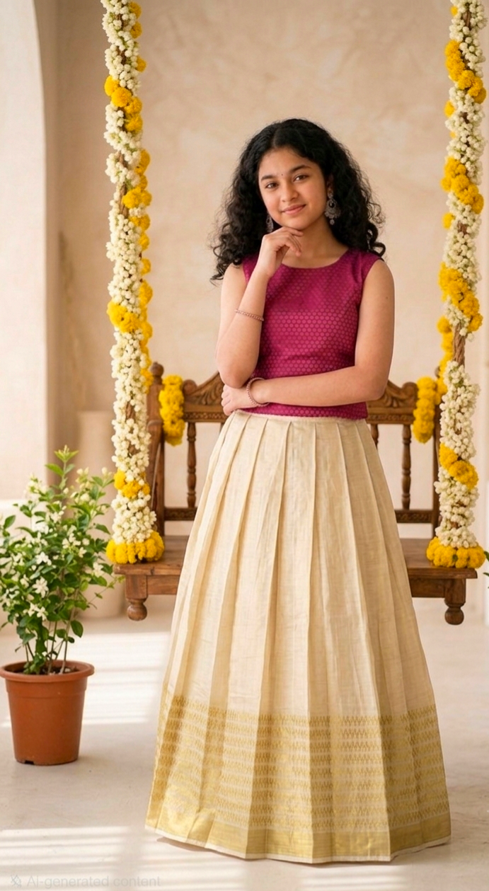 Elegant brocade Onam crop top and skirt