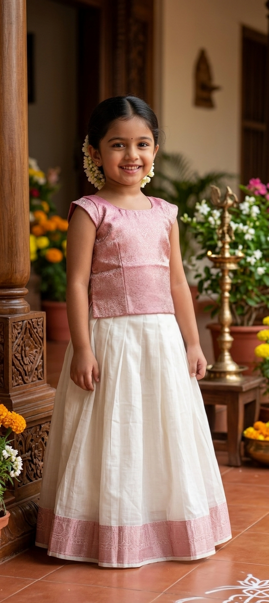 Light pink Kids Onam skirt and top