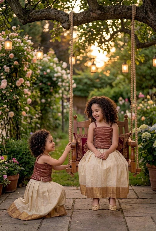 Elegant Maroon Onam Baby skirt and top