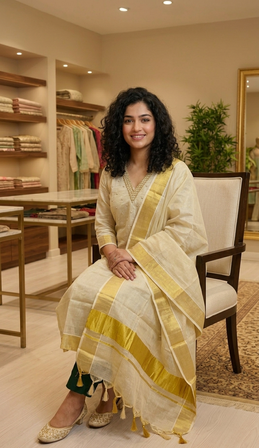 Beautiful hand worked Onam tissue three piece suit