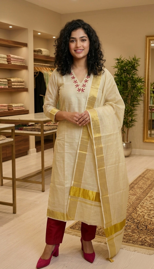 Beautiful hand worked Onam tissue three piece suit