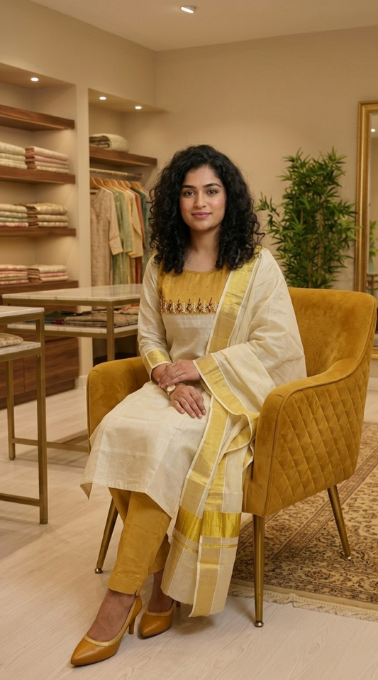 Beautiful Hand worked Onam  three piece  suit💕