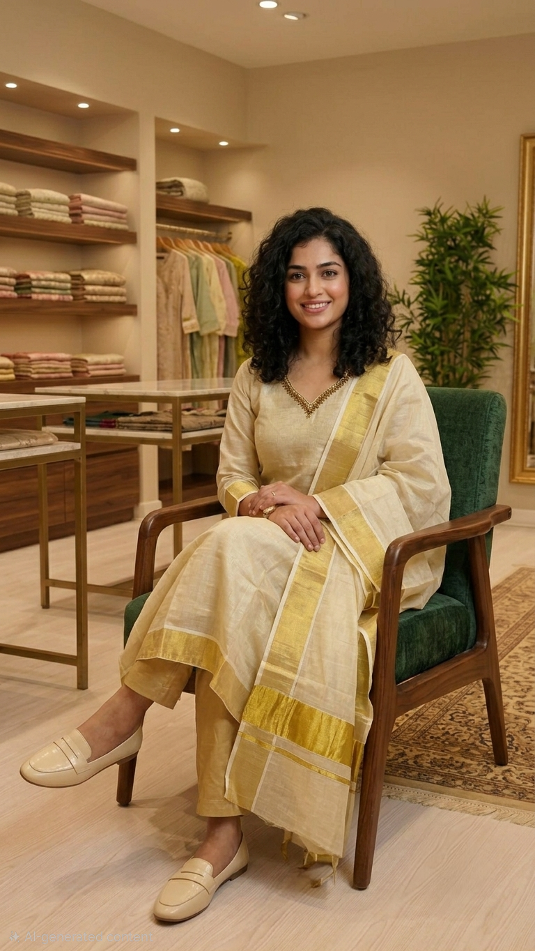 Beautiful hand worked Onam tissue three piece suit / ready to wear onam kurti set