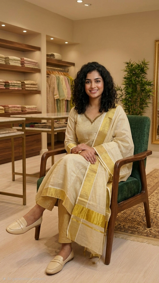 Beautiful hand worked Onam tissue three piece suit / ready to wear onam kurti set