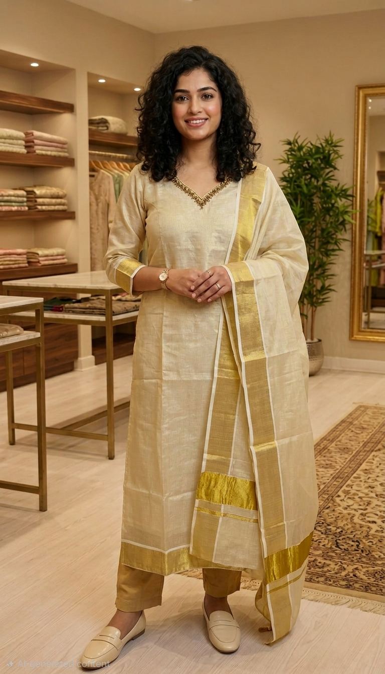 Beautiful hand worked Onam tissue three piece suit / ready to wear onam kurti set