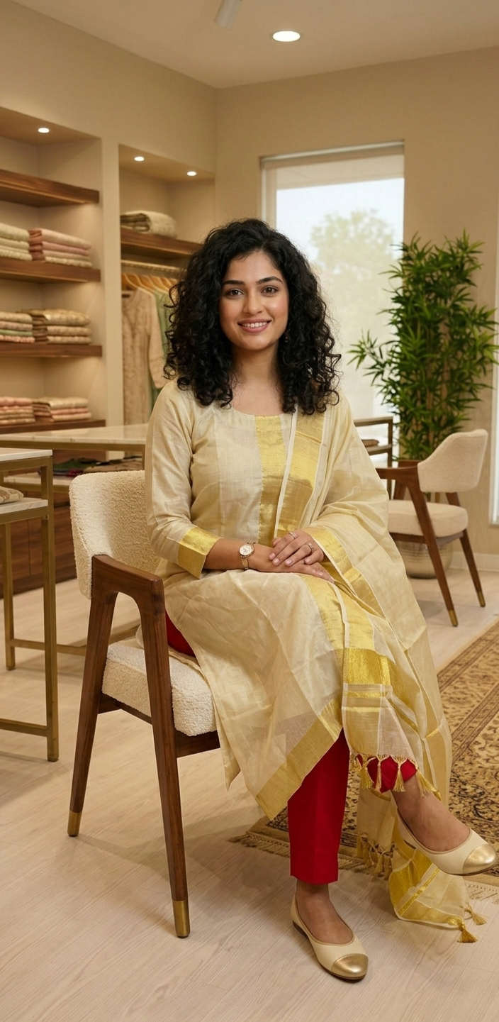 Beautiful Onam tissue, A-line three piece suit