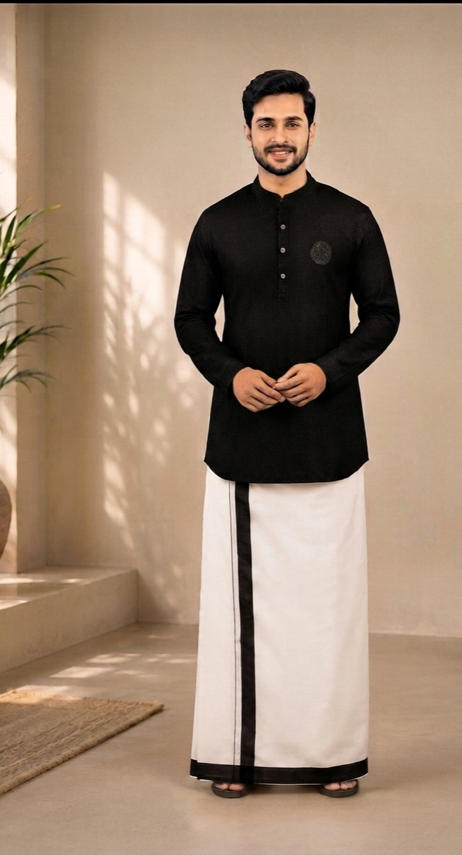 Cotton kurtha with mundu (greyish black)