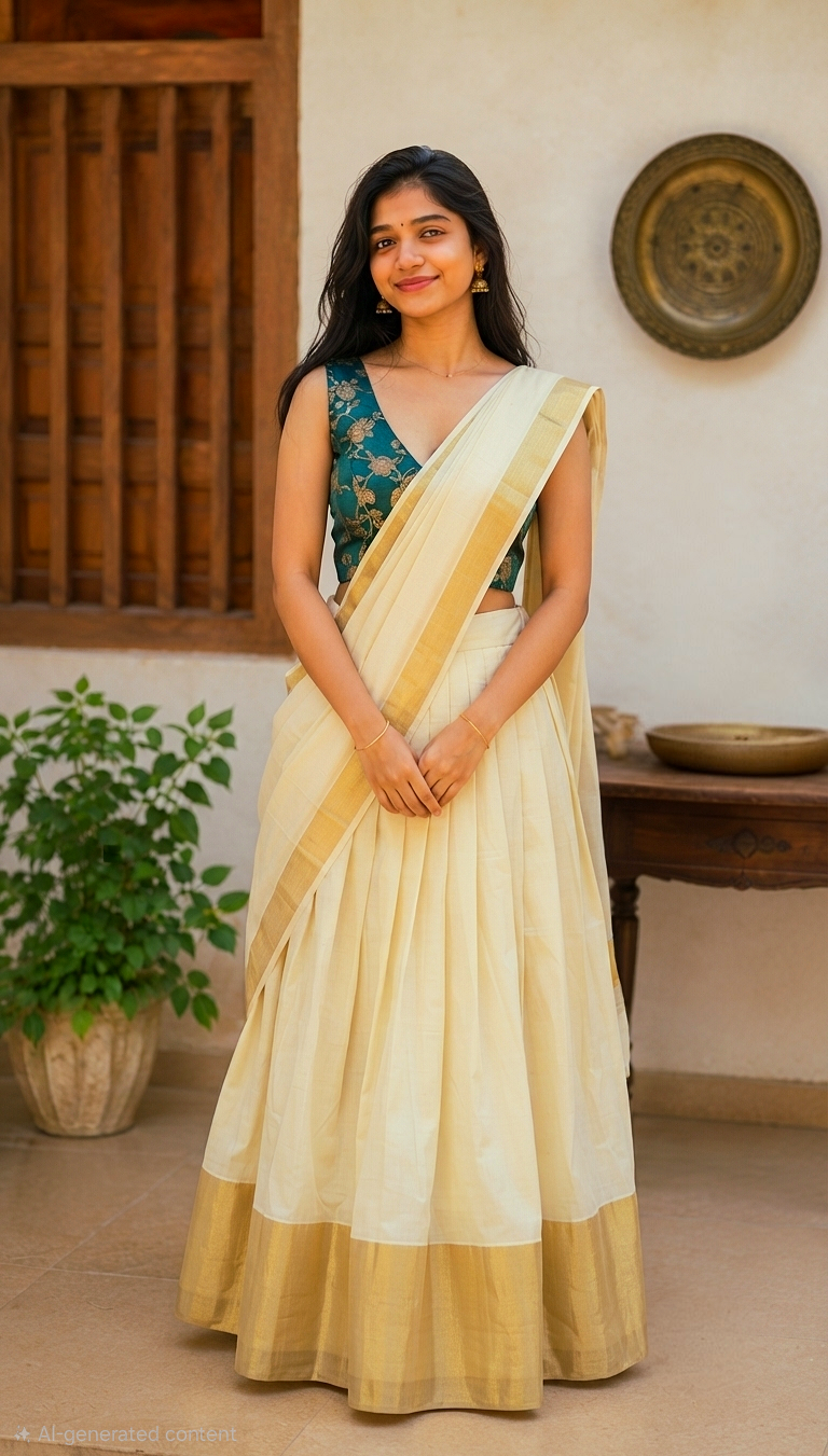 Beautiful cotton dhavani with brocade blouse ( Rama green)