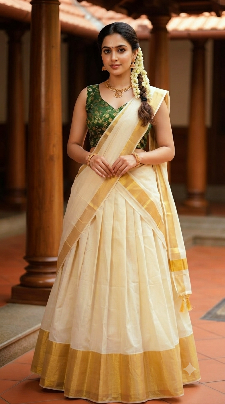 Beautiful cotton dhavani with brocade blouse ( green)