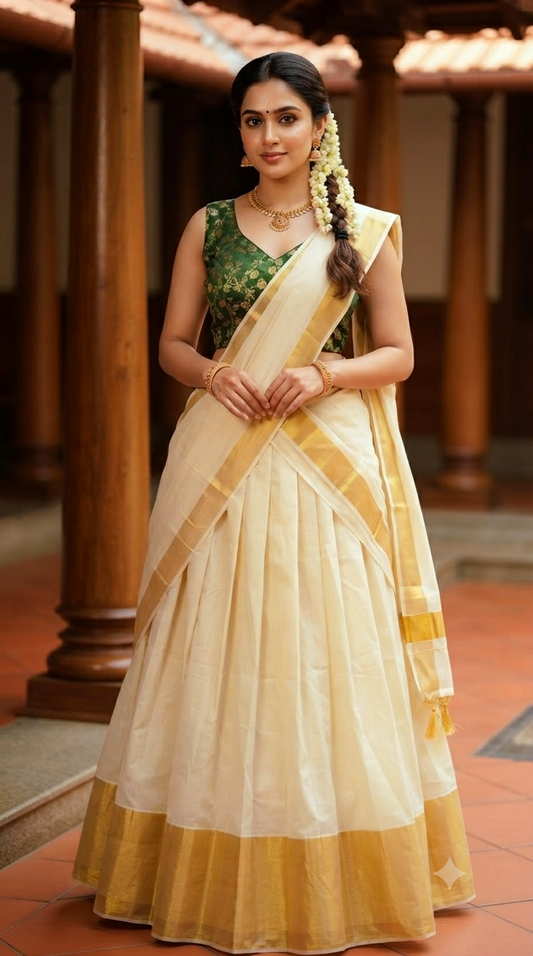 Beautiful cotton dhavani with brocade blouse ( green)