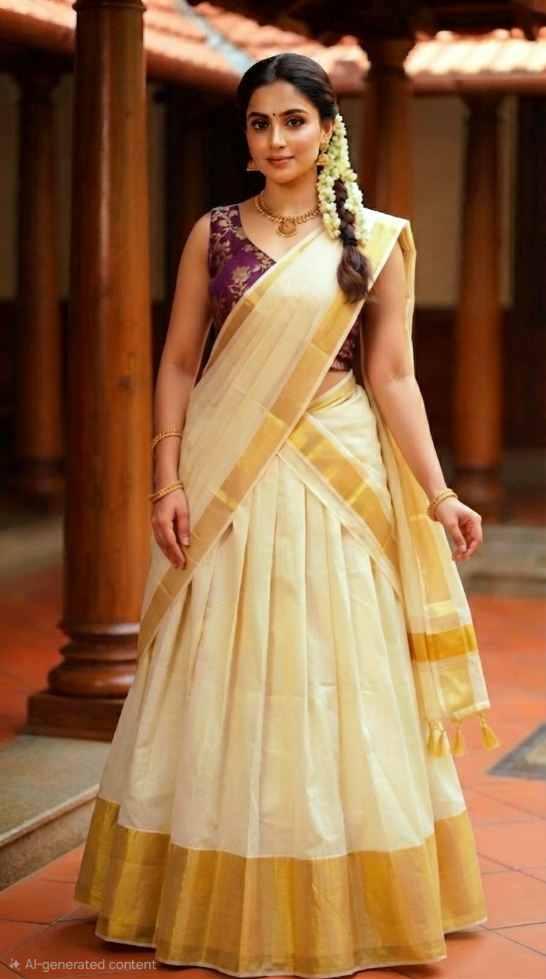 Beautiful cotton dhavani with brocade blouse