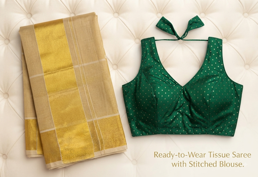 Golden Ready-to-Wear tissue Saree with Blouse