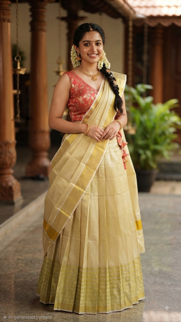 Beautiful onam dhavani with brocade blouse ( ready made)