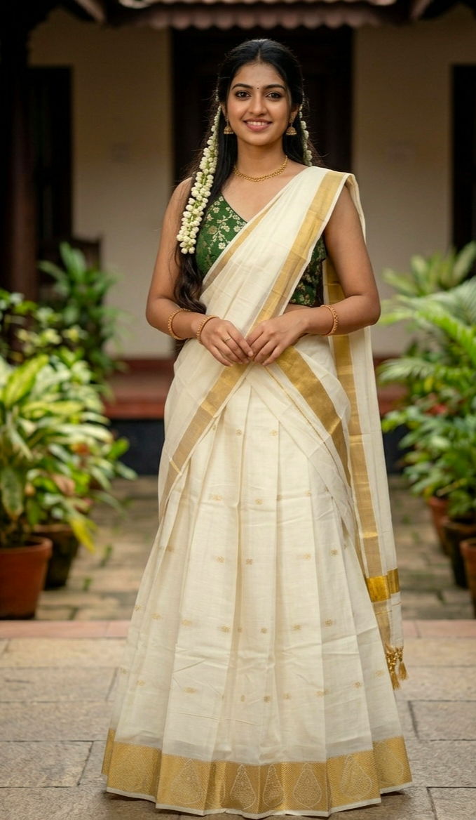 Beautiful  readymade cotton dhavani set 💕 (green blouse)