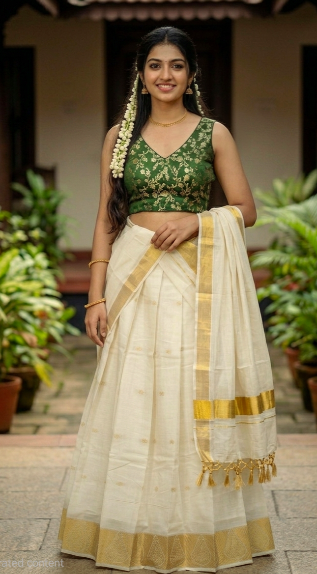 Beautiful  readymade cotton dhavani set 💕 (green blouse)