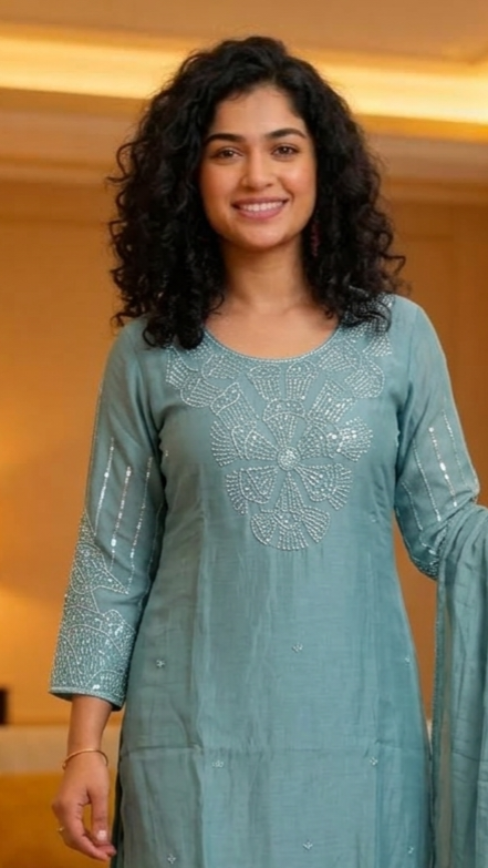 Heavy beads worked mul chantheri three piece suit