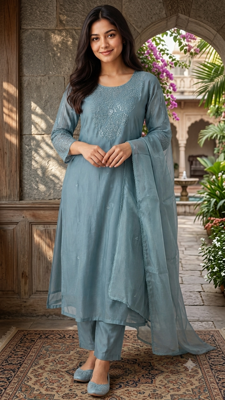 Heavy beads worked mul chantheri three piece suit