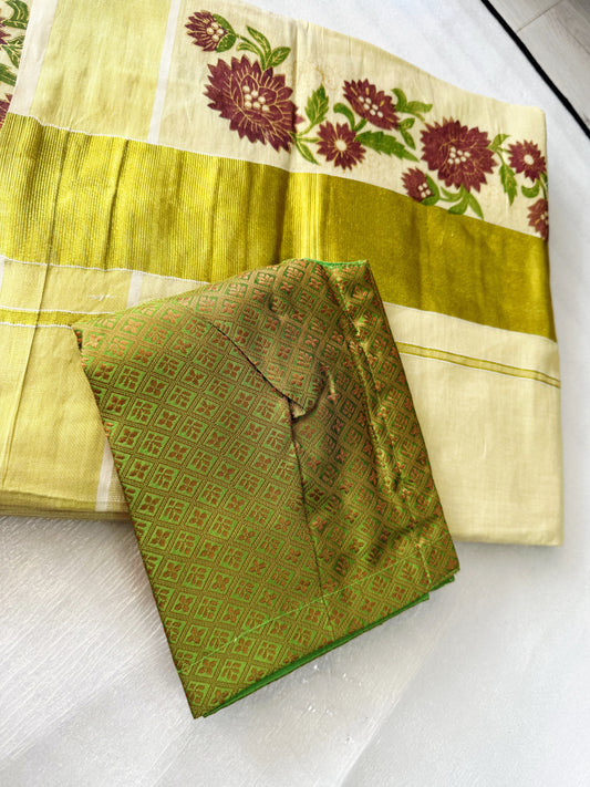 Ready to wear Onam  Floral saree with Readymade blouse.