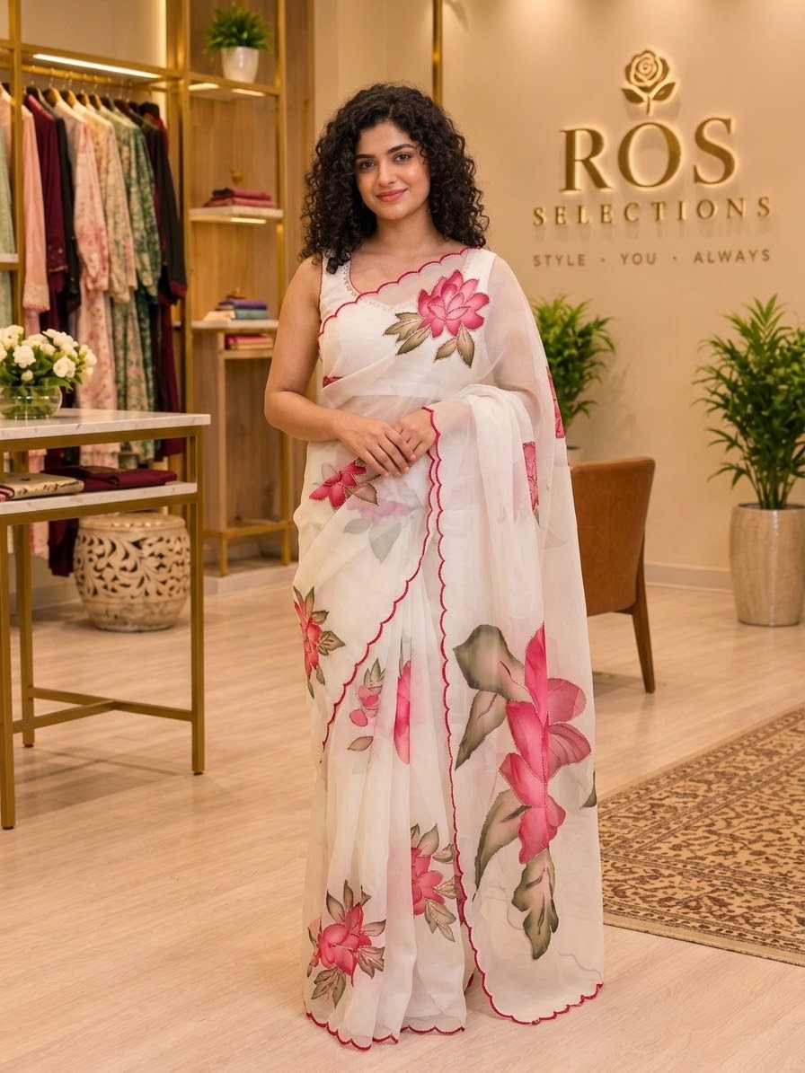Beads worked Georgette floral saree