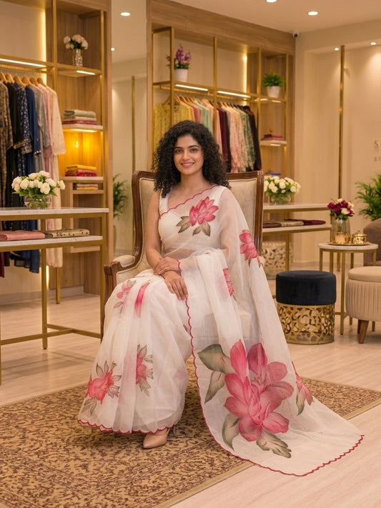 Beads worked Georgette floral saree