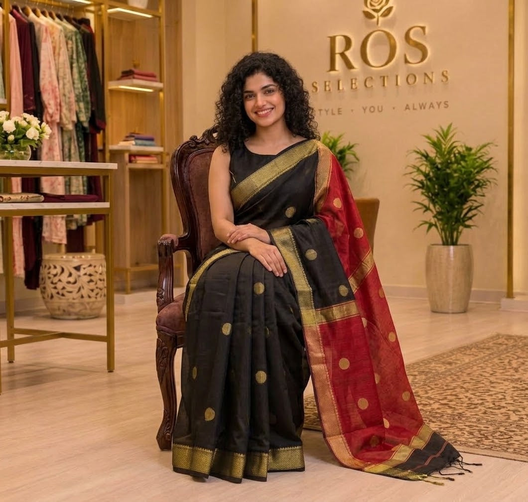 Maheshwari cotton silk saree - black and maroonish red