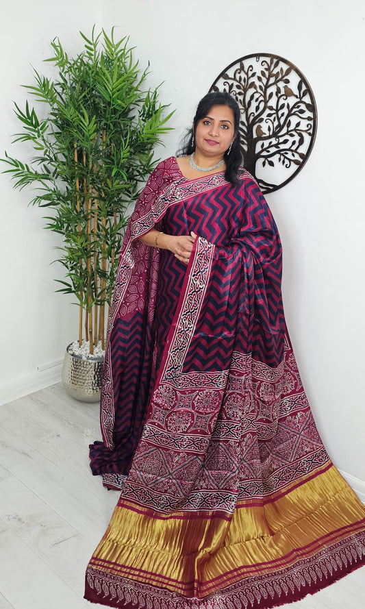 Pure Modal silk hand blocked ajrak saree