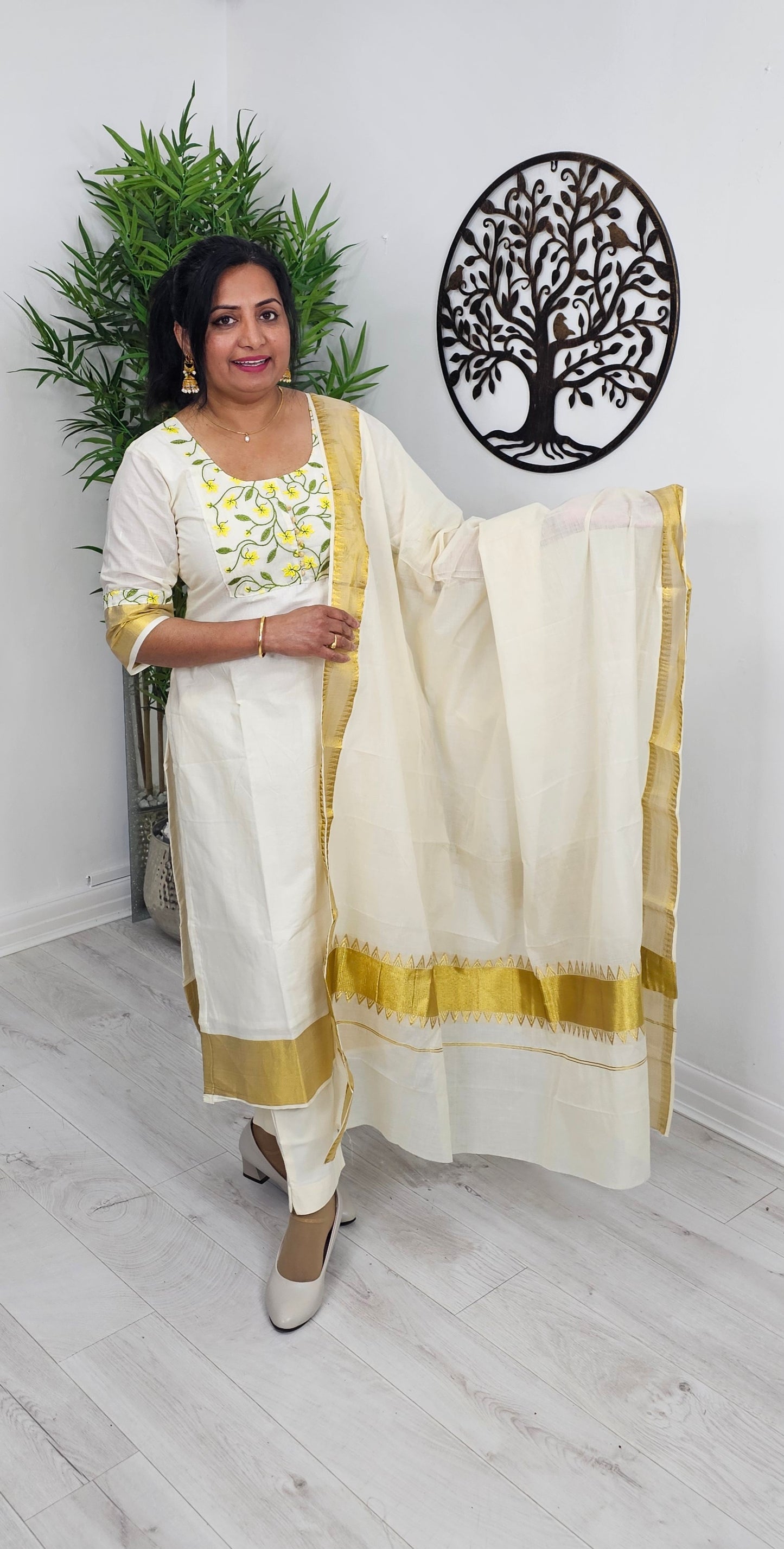 Embroidered cotton Onam three piece suit