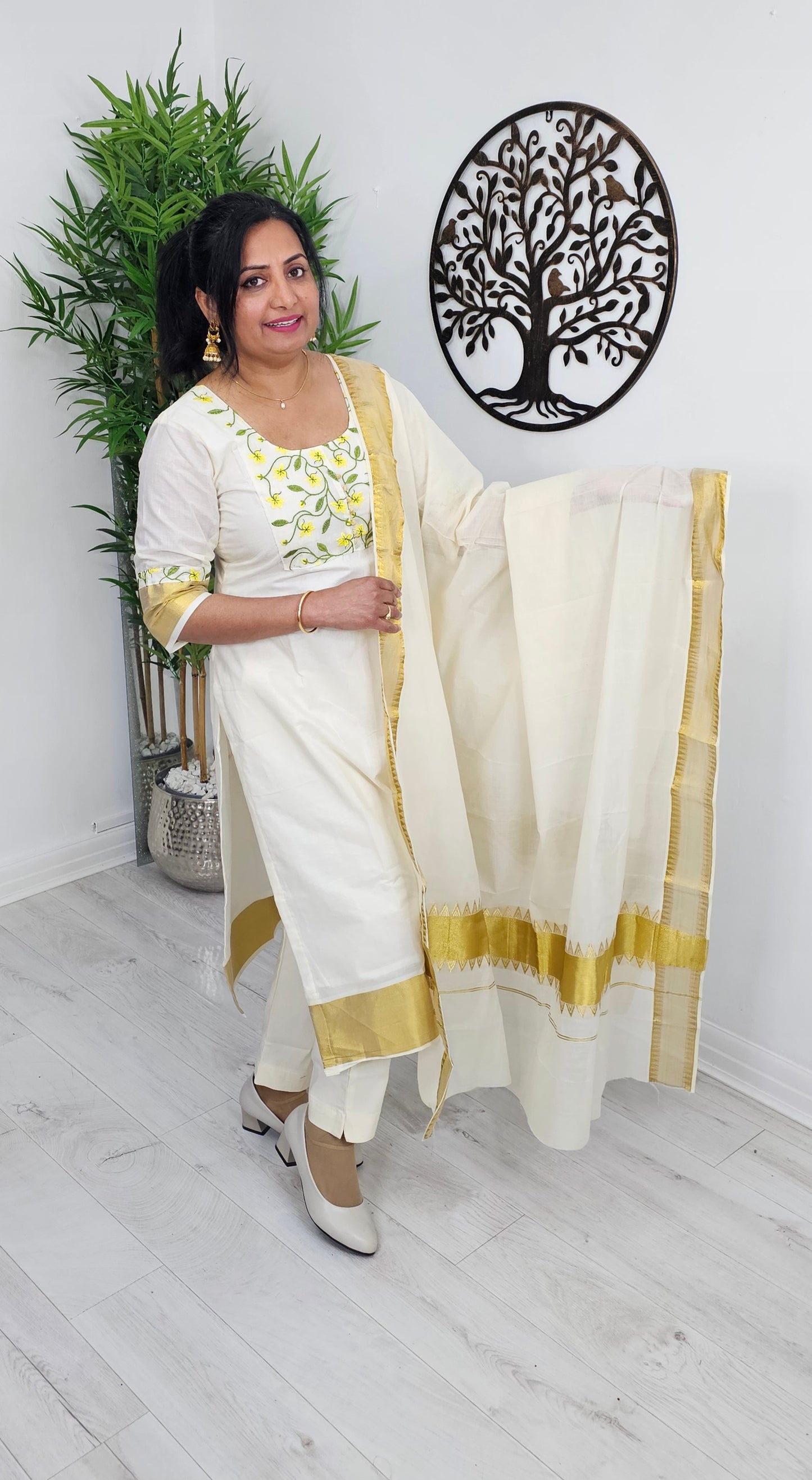 Embroidered cotton Onam three piece suit