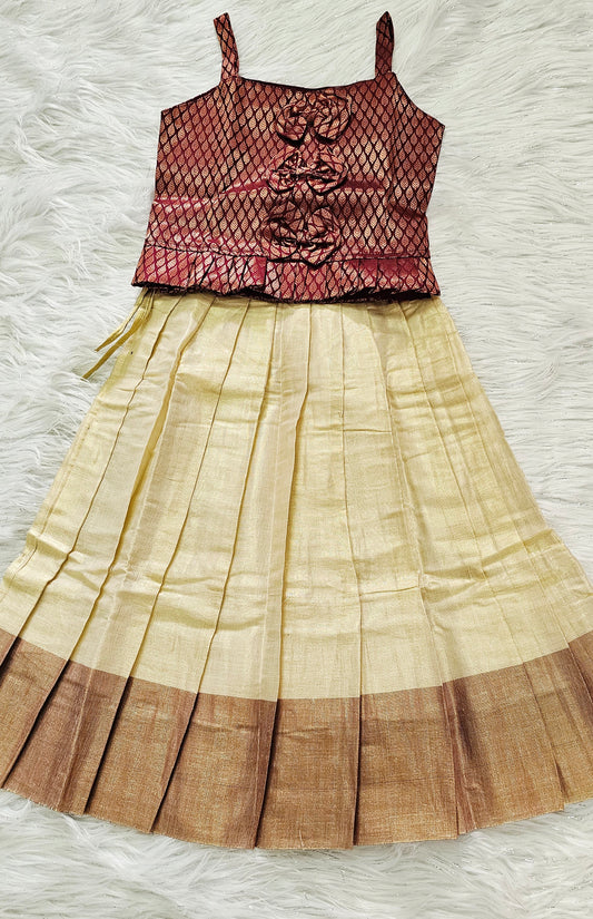 Elegant Maroon Onam Baby skirt and top