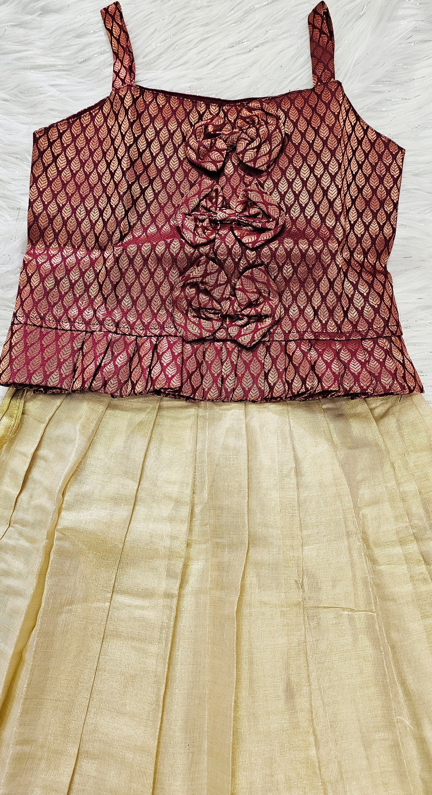 Elegant Maroon Onam Baby skirt and top