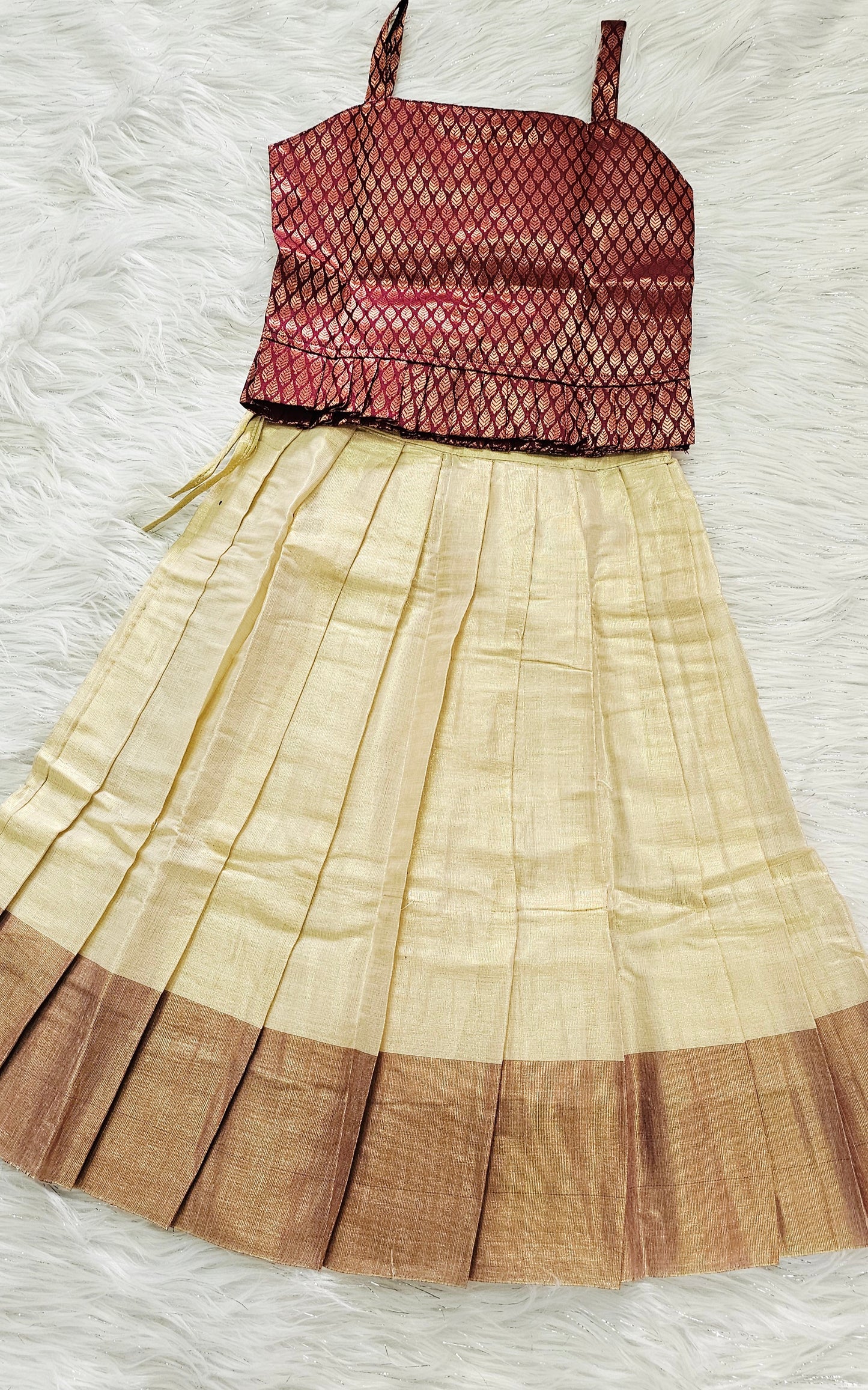 Elegant Maroon Onam Baby skirt and top