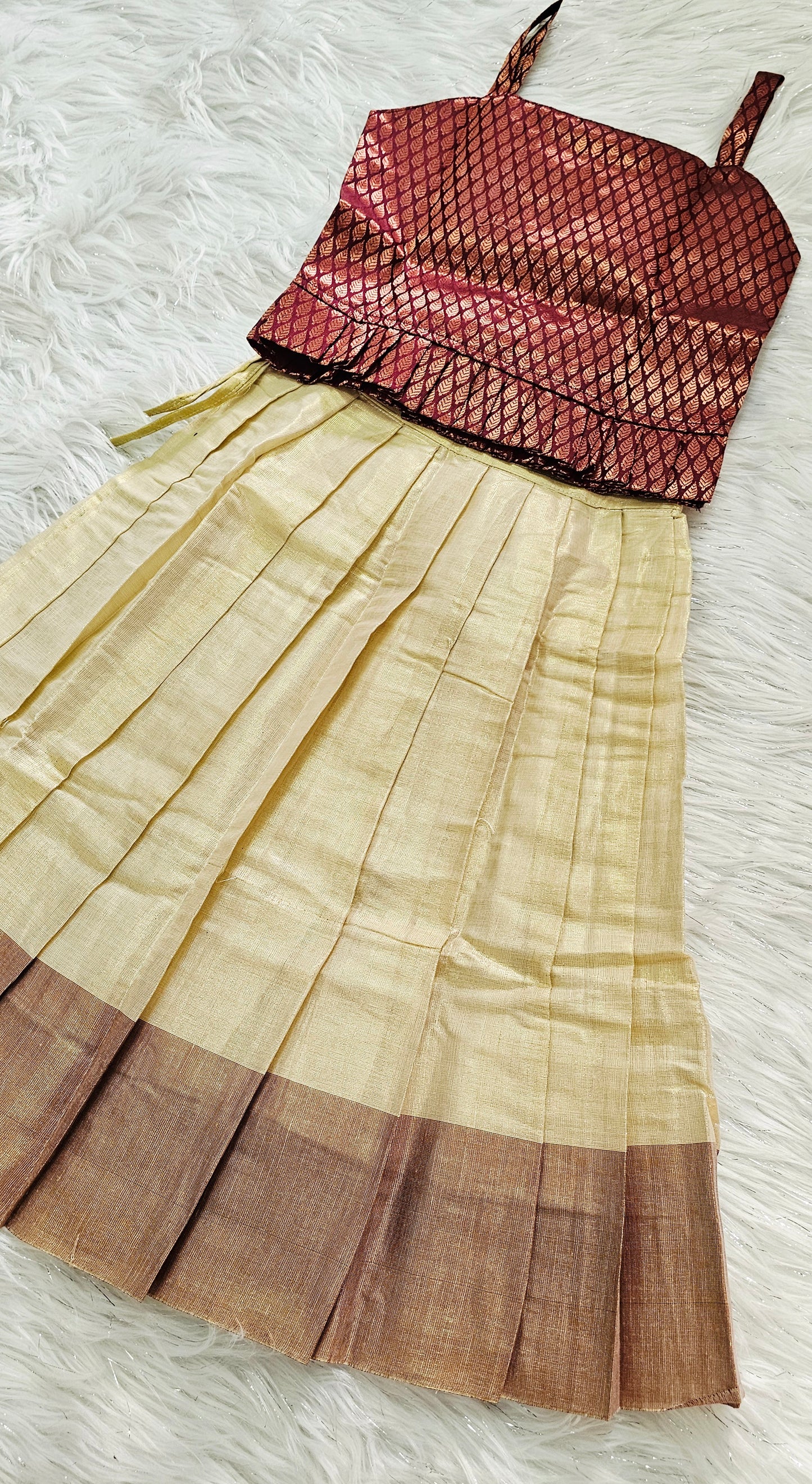 Elegant Maroon Onam Baby skirt and top
