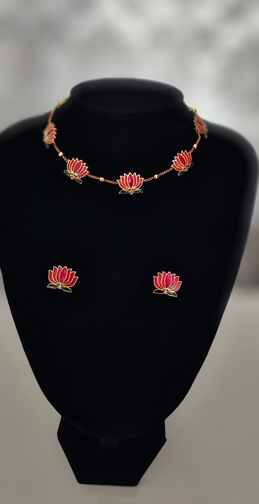 Beautiful premium lotus necklace set (ruby colour)