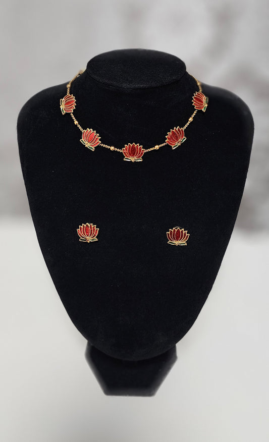 Beautiful premium lotus necklace set (maroonish red)