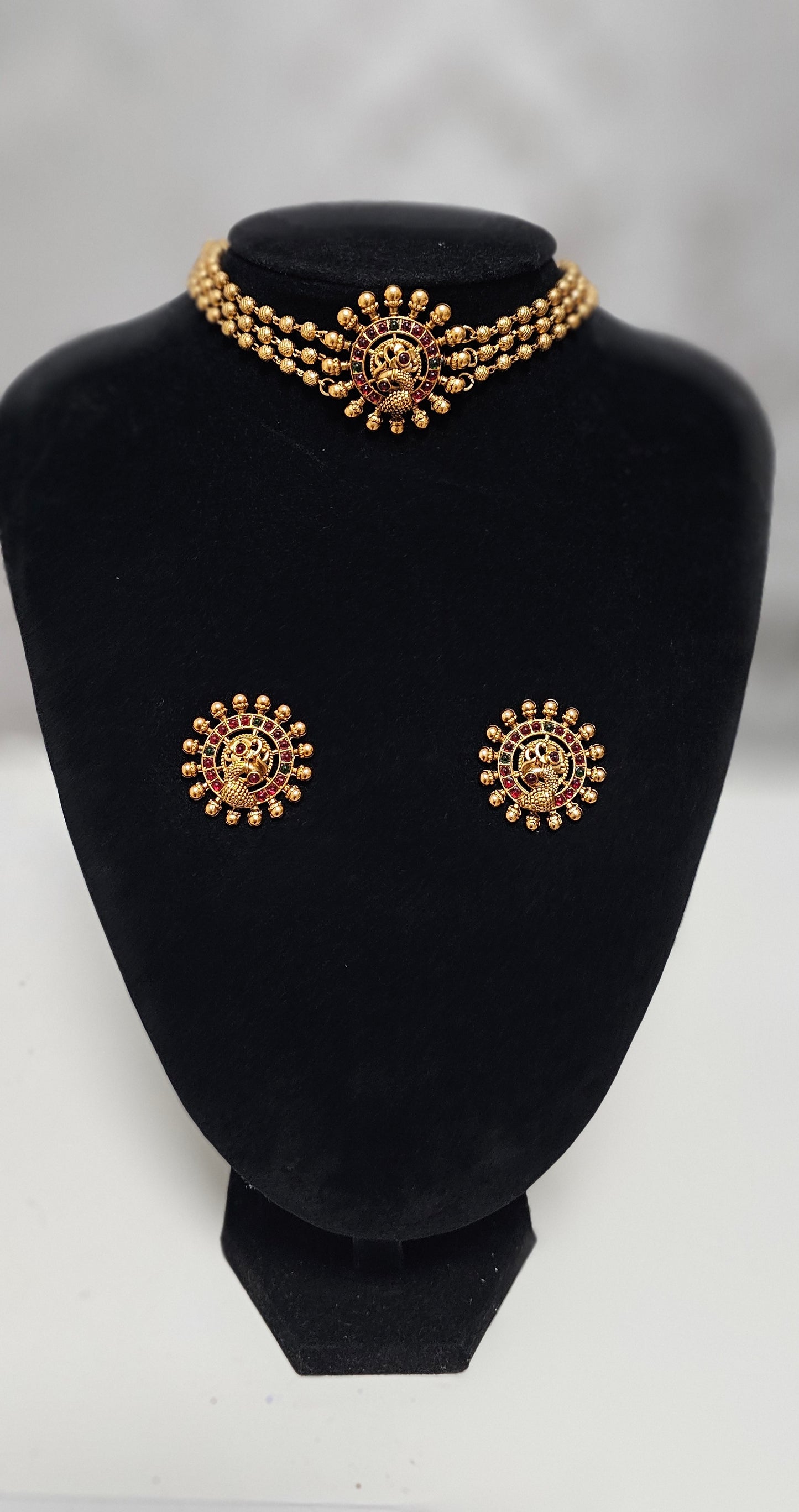 Three layered matfinished choker set (Multi coloured stones)