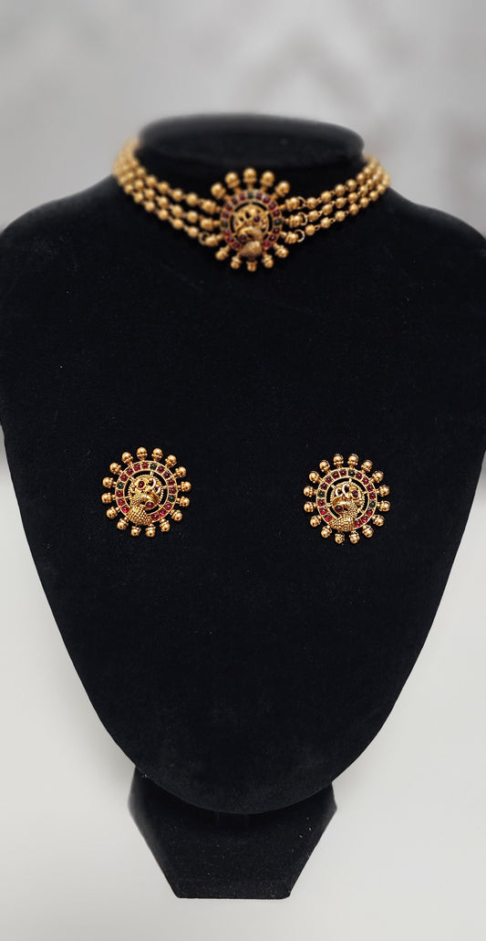 Three layered matfinished choker set (Multi coloured stones)