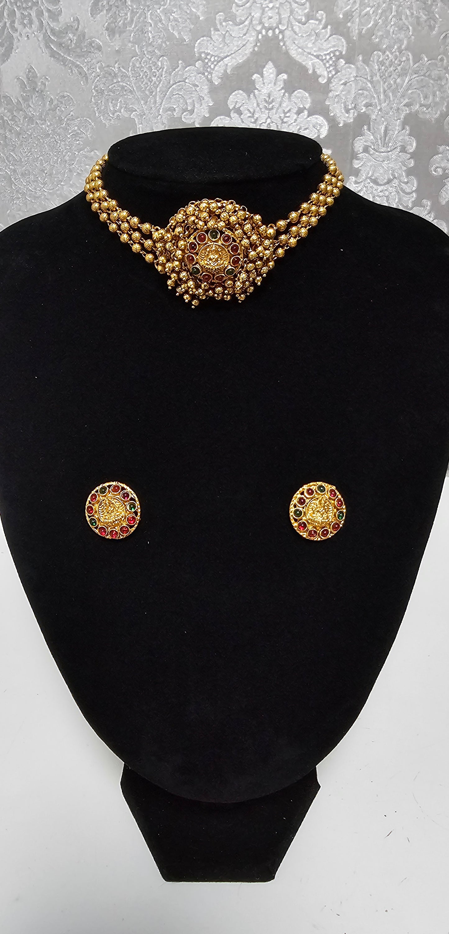 Three layered matfinished choker set (Multi coloured stones)