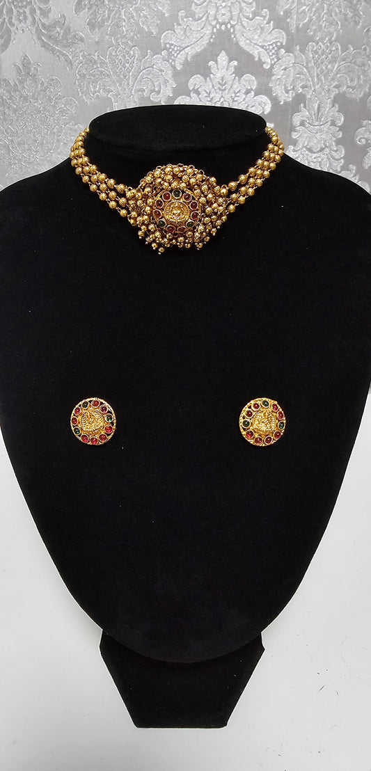 Three layered matfinished choker set (Multi coloured stones)