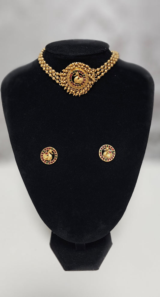 Three layered matfinished choker set (Multi coloured stones)
