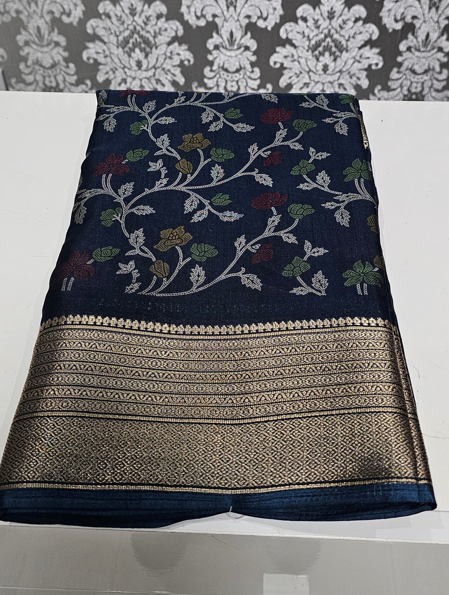 Dola silk printed saree (Navy blue)