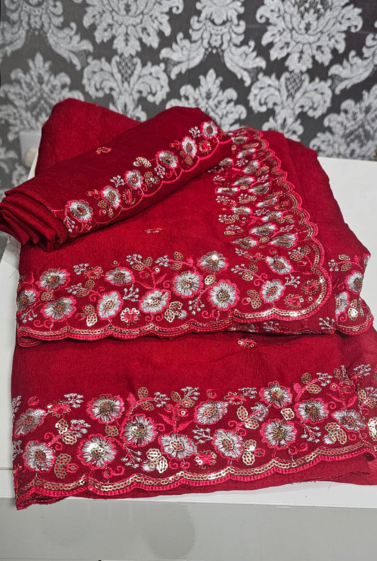 Crush georgette saree with blouse piece ( chilli red )