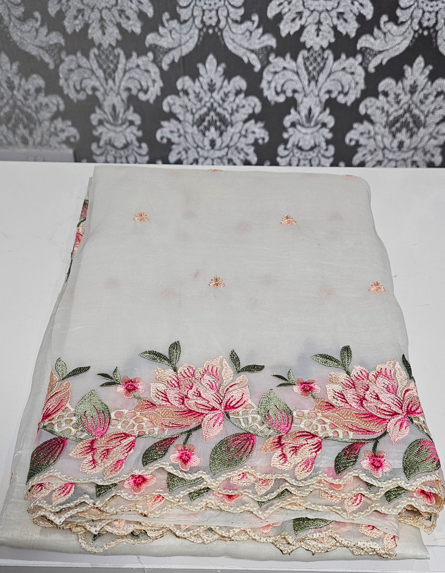 Embroidered and scalloped crush silk saree