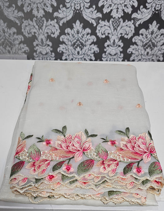 Embroidered and scalloped crush silk saree