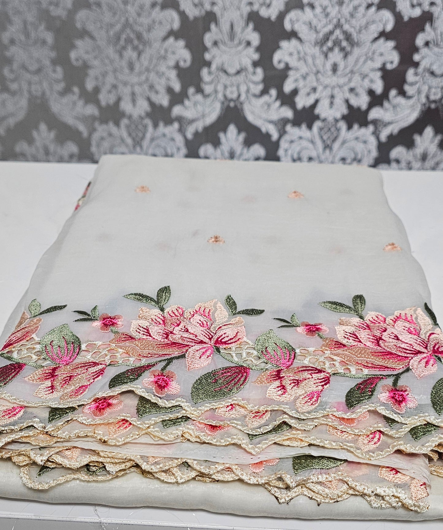 Embroidered and scalloped crush silk saree