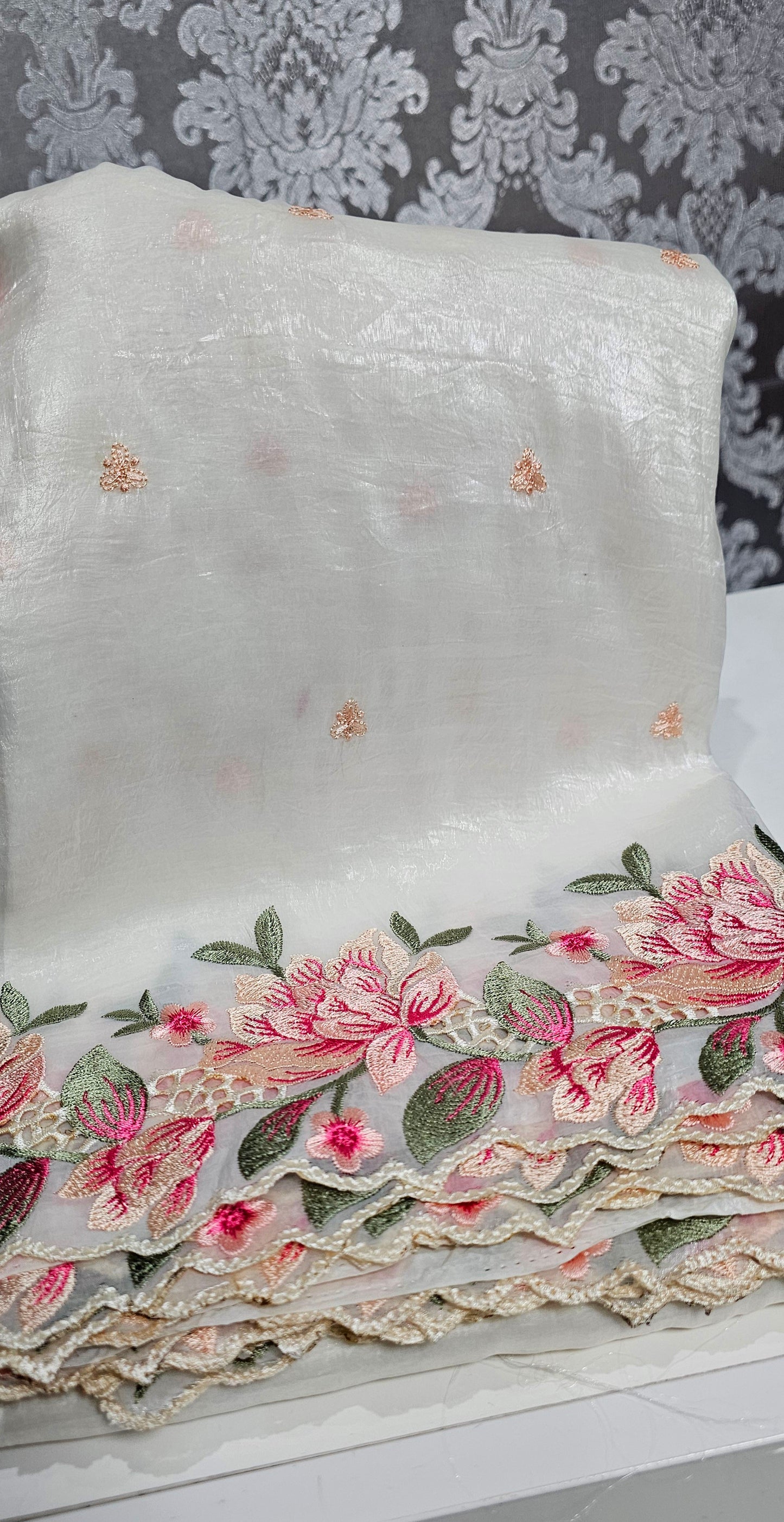 Embroidered and scalloped crush silk saree