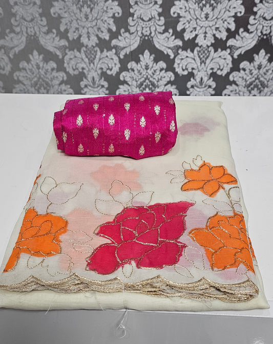 Crushed georgette embroidered saree