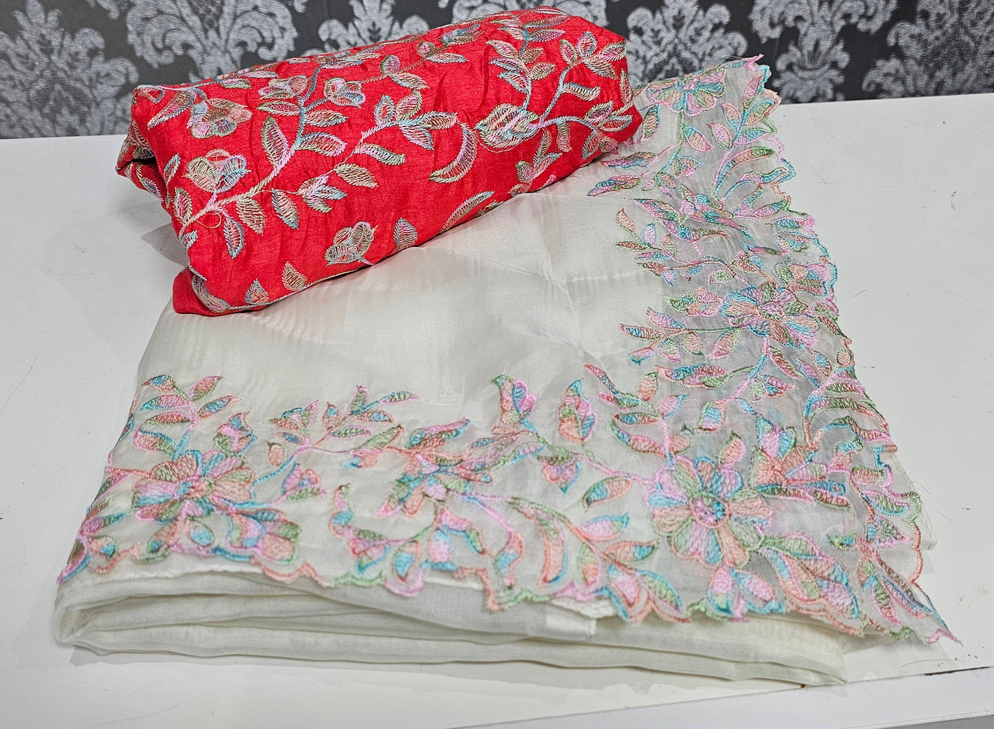 Soft organza fully embroidered saree with blouse piece