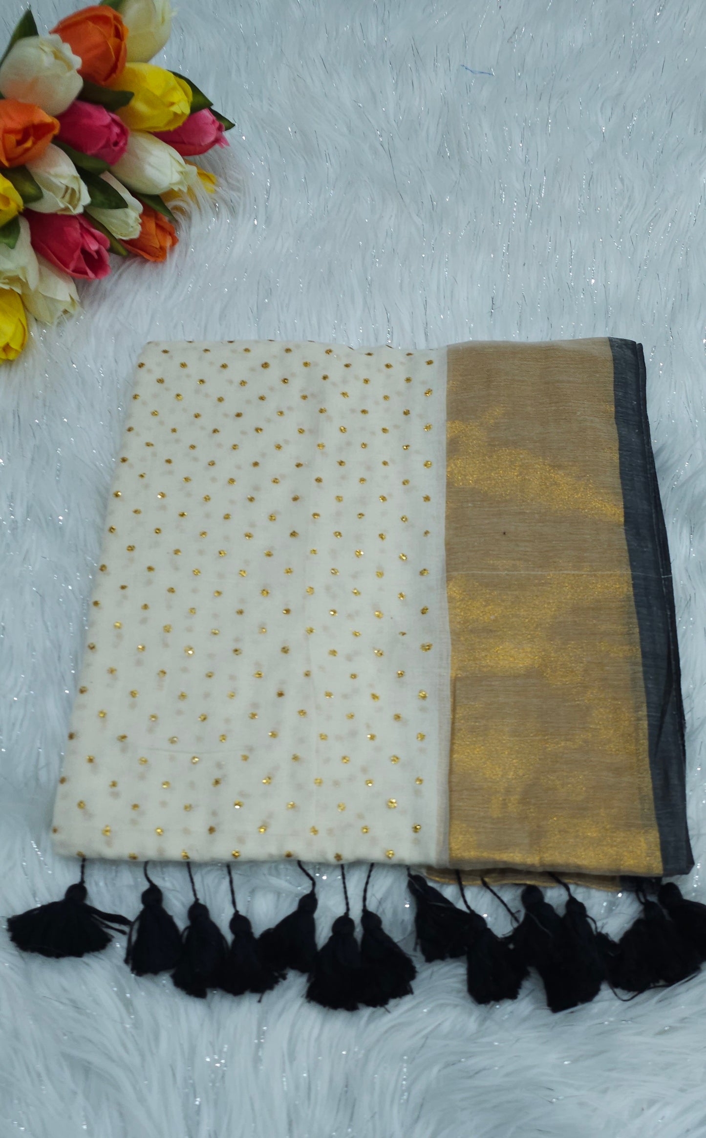 Mul cotton gold glitter saree with beautiful tassels